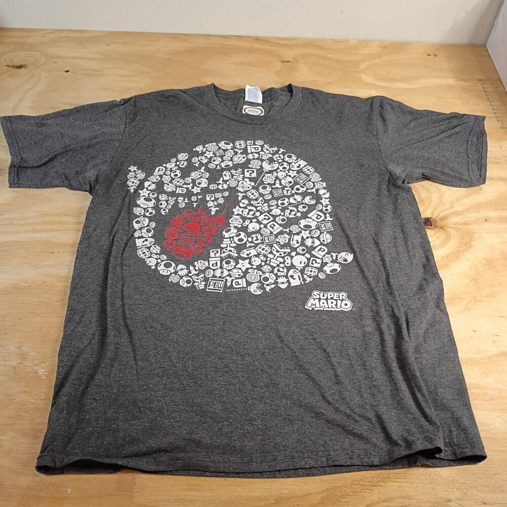 Super Mario T-Shirt Mens Large Gray Bob-omb Icon Collage Graphic Tee Nintendo